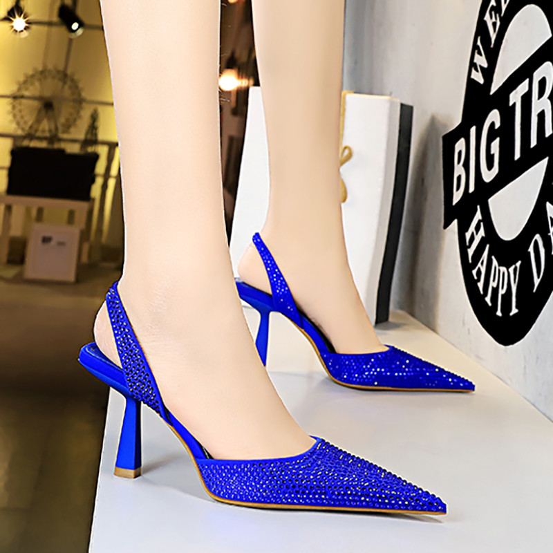 Aphixta Vară Tocuri subțiri Sandale cu vârful ascuțit Femei Curea la gleznă Din piele intoarsa albastra Cristale de lux Pantofi pantofi moderni Marimea Plus 43