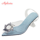 Aphixta Sandale transparente de vară pentru femei, cu toc de 7 cm, cu cristale deschise, cu cataramă, pantofi cu diapozitive, respirabile.