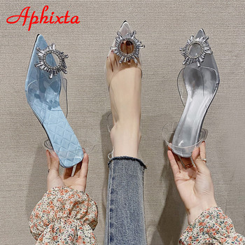 Летни прозрачни дамски сандали Aphixta 7 см, отворени остри пръсти, кристали, катарама, дамски дишащи готини пързалки