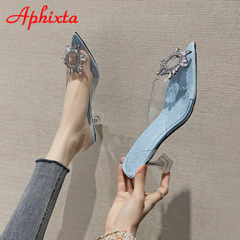 Летни прозрачни дамски сандали Aphixta 7 см, отворени остри пръсти, кристали, катарама, дамски дишащи готини пързалки