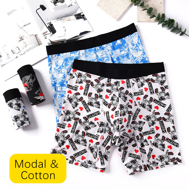 Boxer lungi imprimați la modă Chiloți pentru bărbați Lenjerie de corp respirabilă în modal de bumbac Husă în U confortabilă Boxer lungi