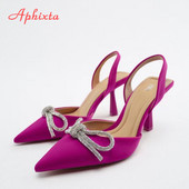 Aphixta Nove ljetne tanke pete Ženske sandale Remen za gležnjeve Šiljati prsti Ljubičasti svileni kristali Moderne klizaljke s leptir čvorovima