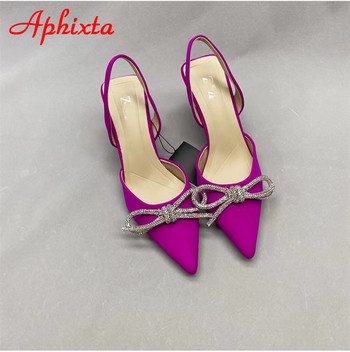 Aphixta Нови летни дамски сандали с тънък ток, каишка за глезена, остри пръсти, лилави копринени кристали, модерни обувки с пързалки