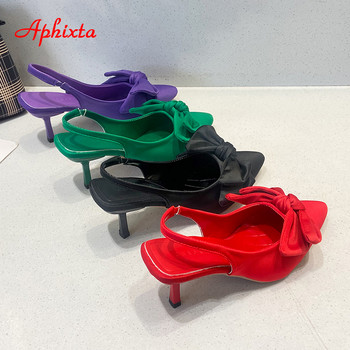 Aphixta 7 см тънки токчета Дамски сандали с остри пръсти Лилави копринени пеперуди с възел Дамски модерни обувки с пързалки Плюс размер 42