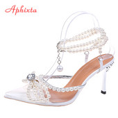 „Aphixta“ vasariniai 3,35 colio sidabriniai aukštakulniai sandalai moteriški, skaidrūs prabangūs perlų styginių karoliukai su smailiu pirštu oficialūs batai