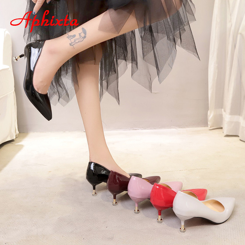 Aphixta 2022, primăvară, pantofi cu toc subțire, metal, 2,36 inci, femei, roșii, cu vârf ascuțit, cu toc de pisoi, pantofi de birou, plus marimea 50