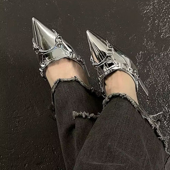 Y2K сребърни сандали на висок ток Дамски лято 2023 г. Пънк готически парти обувки с остри пръсти Дамски метални обувки с рокля с тънък ток Дамски обувки
