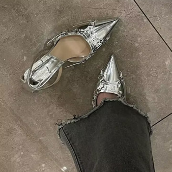 Y2K сребърни сандали на висок ток Дамски лято 2023 г. Пънк готически парти обувки с остри пръсти Дамски метални обувки с рокля с тънък ток Дамски обувки