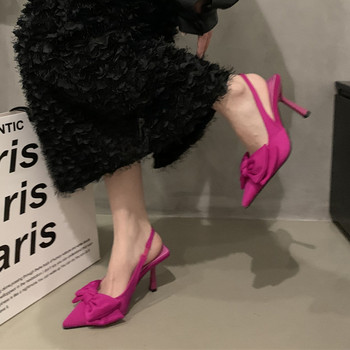 Γυναικεία πέδιλα με ψηλά τακούνια με μυτερά δάχτυλα Καλοκαίρι 2023 Κορεάτικο στυλ Bowie Slingback Pumps Γυναικεία ροζ κόκκινα παπούτσια για πάρτι με λεπτό τακούνι