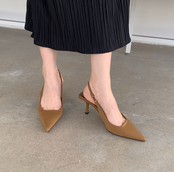 Дамски летни обувки 2022 г. Нова мода Стилет със среден ток с остър ток Високи токчета Дамски сандали с празни пръсти на гърба Зелени дамски обувки