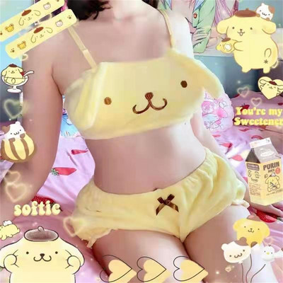 Set de sutien din lână de coral în stil japonez Kawaii pentru fete Lolita Costum de lenjerie drăguț pentru femei Crop topuri cu tuburi Set de lenjerie intima