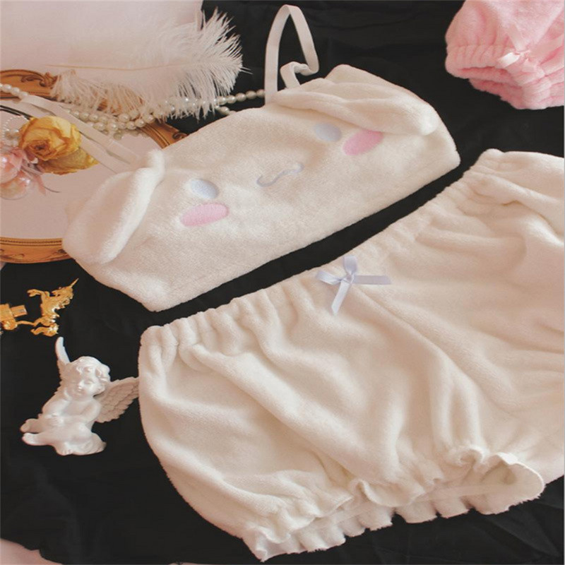 Set de sutien din lână de coral în stil japonez Kawaii pentru fete Lolita Costum de lenjerie drăguț pentru femei Crop topuri cu tuburi Set de lenjerie intima