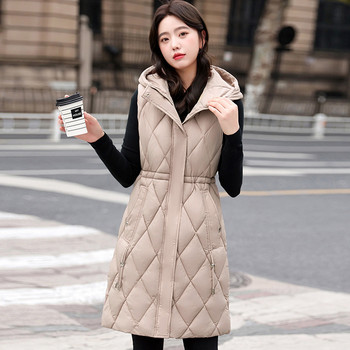 Нови есенно-зимни якета Дамска пухена памучна жилетка Корейско масивно средно дълго яке без ръкави с качулка Дамска жилетка Chaleco Mujer