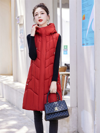 2023 Νέο φθινοπωρινό χειμερινό πουπουλένιο βαμβακερό γιλέκο Γυναικεία μακρύ βαμβακερό γιλέκο με αντιανεμική κουκούλα Puffer Parkas Ζεστά παλτό για χιόνι