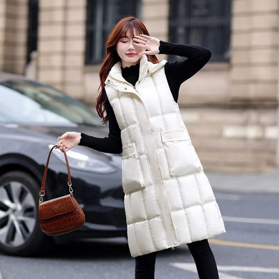 Toamnă iarnă pentru femei din puf din bumbac vestă haină de modă lucioasă guler în picioare jachetă fără mâneci pentru femeie vestă lungă caldă îmbrăcăminte exterioară