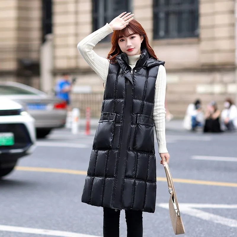 Toamnă iarnă pentru femei din puf din bumbac vestă haină de modă lucioasă guler în picioare jachetă fără mâneci pentru femeie vestă lungă caldă îmbrăcăminte exterioară