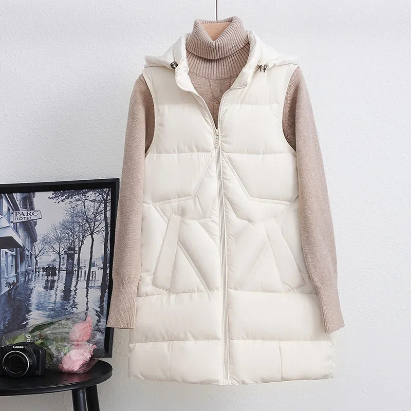 2023 m. nauja moteriška liemenė, pūkinė striukė medvilninė liemenė rudens žiemos striukė stora, laisvas ilgas paltas Moteriška liemenė be rankovių viršutiniai drabužiai