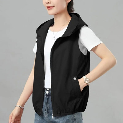 Proljeće ljeto Tanki prsluk za zaštitu od sunca s kapuljačom Ženska jakna Nova kratka jakna bez rukava s patentnim zatvaračem Ležerne ženske majice Chaleco Mujer