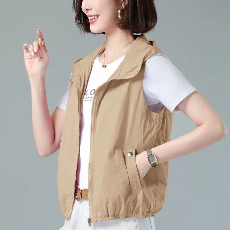 Proljeće ljeto Tanki prsluk za zaštitu od sunca s kapuljačom Ženska jakna Nova kratka jakna bez rukava s patentnim zatvaračem Ležerne ženske majice Chaleco Mujer