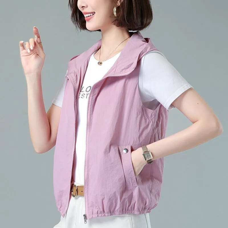 Proljeće ljeto Tanki prsluk za zaštitu od sunca s kapuljačom Ženska jakna Nova kratka jakna bez rukava s patentnim zatvaračem Ležerne ženske majice Chaleco Mujer