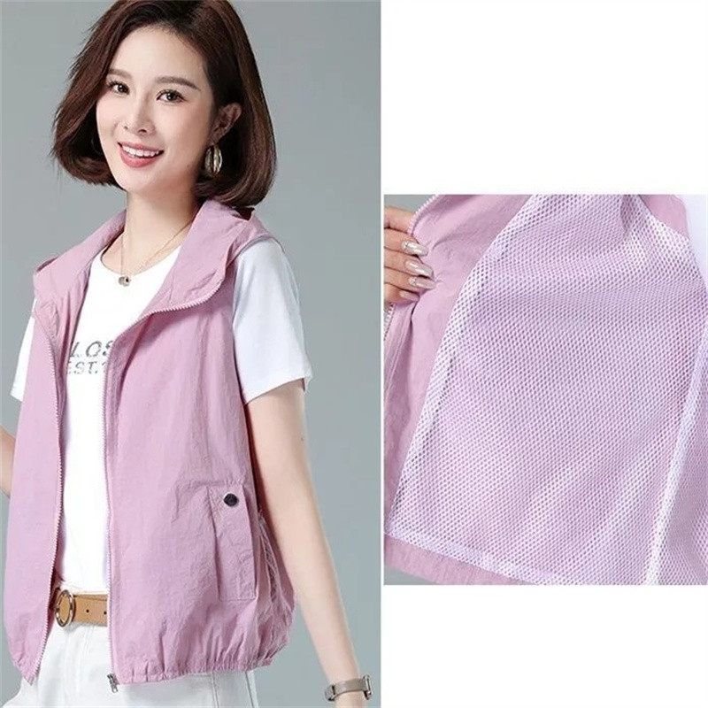 Proljeće ljeto Tanki prsluk za zaštitu od sunca s kapuljačom Ženska jakna Nova kratka jakna bez rukava s patentnim zatvaračem Ležerne ženske majice Chaleco Mujer