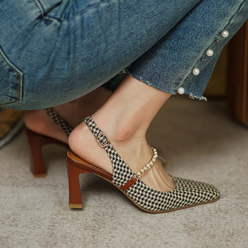 Ljetne ženske cipele za 2023. Proljetne četvrtaste cipele s kopčom Ženske visoke potpetice Elegantne modne biserne ženske cipele za vjenčanje
