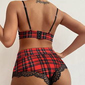 2022 m. naujas seksualus liemenėlių rinkinys Naktiniai drabužiai, nėriniai, moteriškos kelnaitės, kelnaitės, šortai, apatinis trikotažas, apatinis trikotažas, raudona ir juoda languota liemenėlė mados moterims