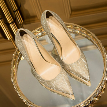 Луксозни златни и сребърни дамски обувки с помпи 2023 г. Пролетни обувки с високи токчета с остър връх Парти сватбени обувки Дамски обувки с висок ток Дизайнерски обувки