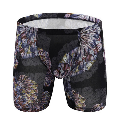 Boxeri lungi din mătase de gheață pentru bărbați, cu talie joasă, lenjerie de corp pentru bărbați, cu imprimeu, pantaloni scurti boxer, cu picioare lungi, chiloți, chiloți sexy, lenjerie de corp