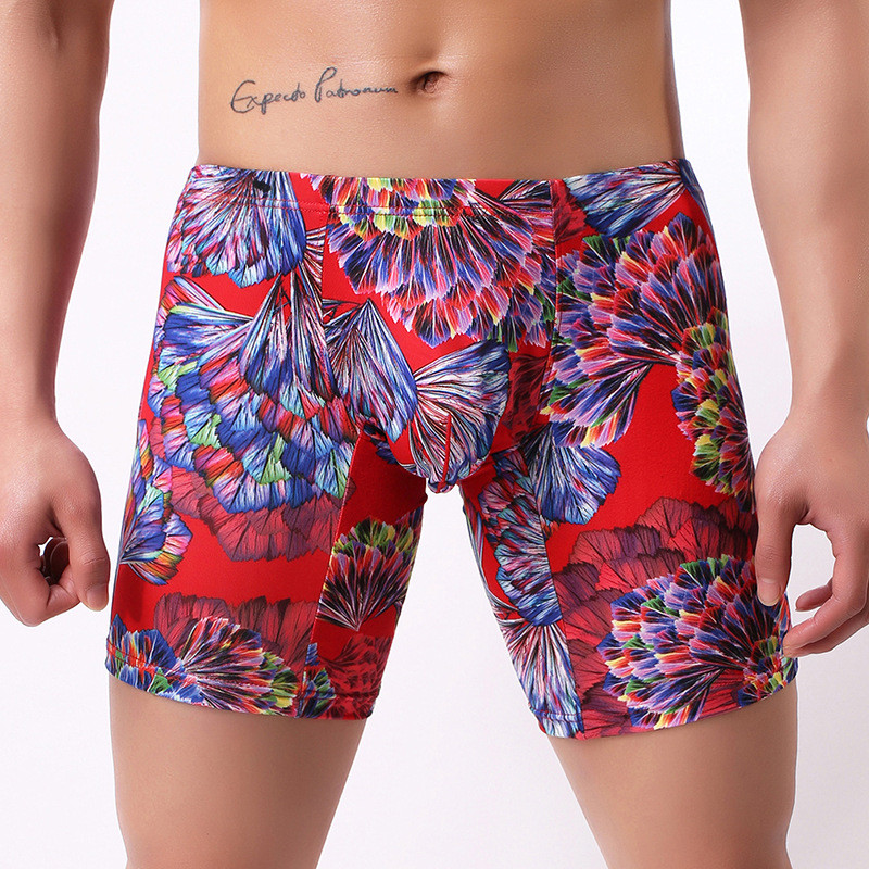 Boxeri lungi din mătase de gheață pentru bărbați, cu talie joasă, lenjerie de corp pentru bărbați, cu imprimeu, pantaloni scurti boxer, cu picioare lungi, chiloți, chiloți sexy, lenjerie de corp