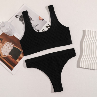 Set de sutien cu coaste fără sudură Topuri crop pentru femei Slip cu talie înaltă Lenjerie de corp Femei Sutien fără sârmă Sutiene sport Set de lenjerie