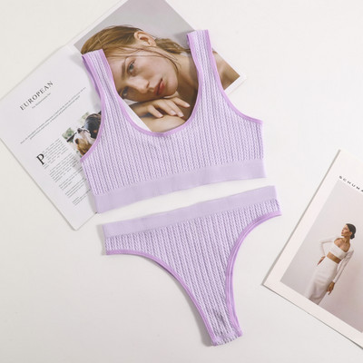 Set de sutien cu coaste fără sudură Topuri crop pentru femei Slip cu talie înaltă Lenjerie de corp Femei Sutien fără sârmă Sutiene sport Set de lenjerie