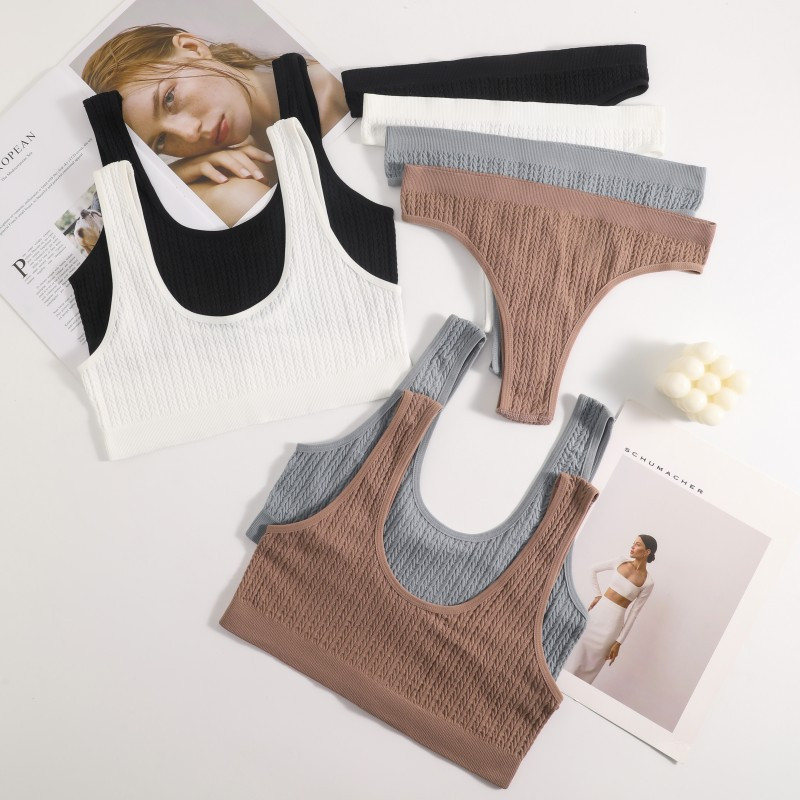 Set de sutien cu coaste fără sudură Topuri crop pentru femei Slip cu talie înaltă Lenjerie de corp Femei Sutien fără sârmă Sutiene sport Set de lenjerie