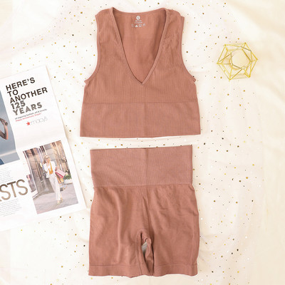 Komplet sportskih rebrastih grudnjaka Ženski komplet bešavnog donjeg rublja Visoki struk Fitness kratke hlače Žensko seksi donje rublje Bralette duboki V Top Sportska odjeća