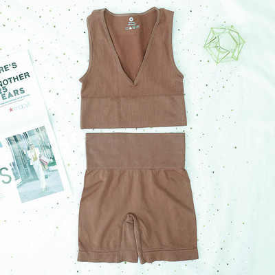 Komplet sportskih rebrastih grudnjaka Ženski komplet bešavnog donjeg rublja Visoki struk Fitness kratke hlače Žensko seksi donje rublje Bralette duboki V Top Sportska odjeća