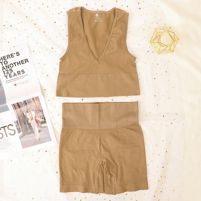 Komplet sportskih rebrastih grudnjaka Ženski komplet bešavnog donjeg rublja Visoki struk Fitness kratke hlače Žensko seksi donje rublje Bralette duboki V Top Sportska odjeća