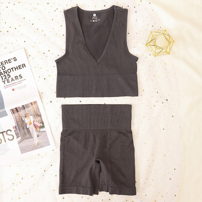 Komplet sportskih rebrastih grudnjaka Ženski komplet bešavnog donjeg rublja Visoki struk Fitness kratke hlače Žensko seksi donje rublje Bralette duboki V Top Sportska odjeća