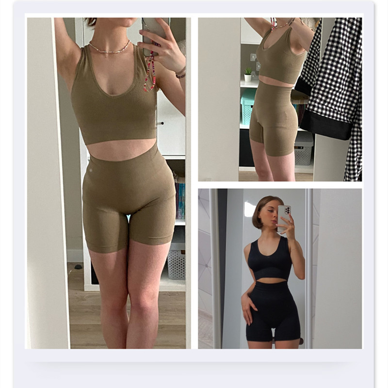 Komplet sportskih rebrastih grudnjaka Ženski komplet bešavnog donjeg rublja Visoki struk Fitness kratke hlače Žensko seksi donje rublje Bralette duboki V Top Sportska odjeća