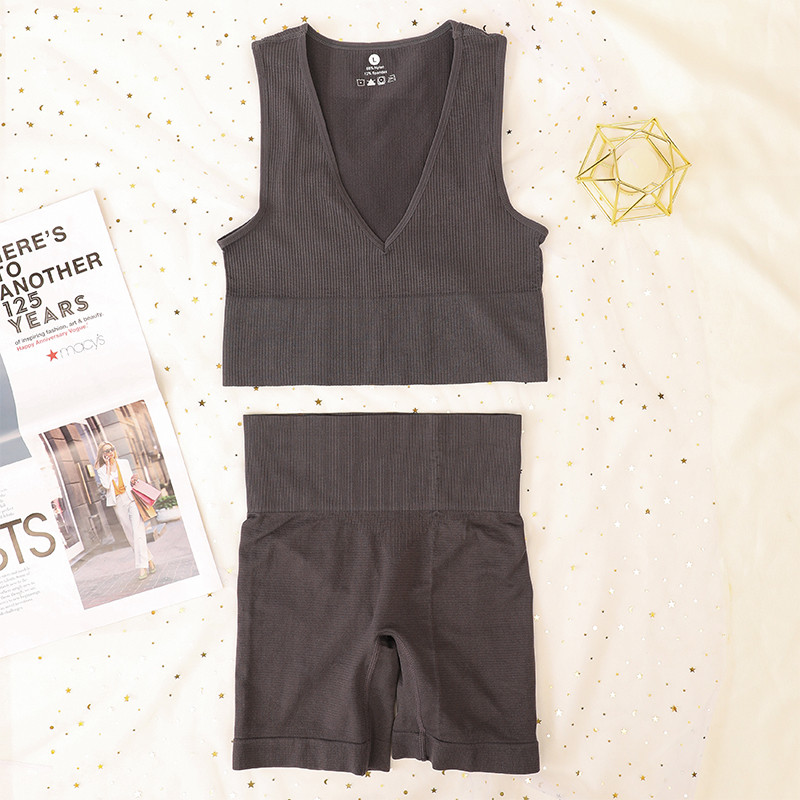 Komplet sportskih rebrastih grudnjaka Ženski komplet bešavnog donjeg rublja Visoki struk Fitness kratke hlače Žensko seksi donje rublje Bralette duboki V Top Sportska odjeća