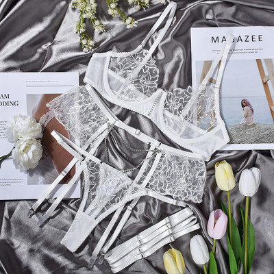 MIRABELLE Lenjerie de corp sexy pentru femei cu volan Lenjerie de lux Lenjerie fină Set sutien și chiloți alb dantelă intimă ținută transparentă zână