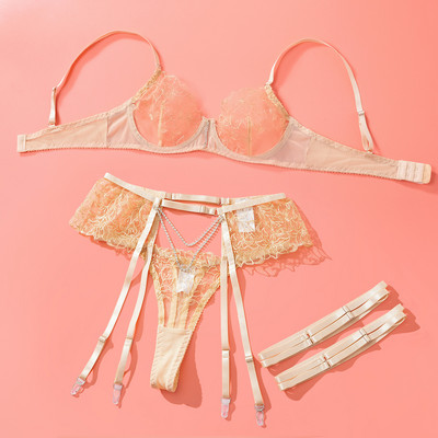 MIRABELLE Lenjerie de corp sexy pentru femei cu volan Lenjerie de lux Lenjerie fină Set sutien și chiloți alb dantelă intimă ținută transparentă zână