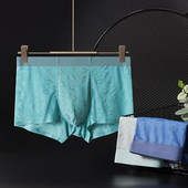 Boxeri Chiloți bărbați din mătase de gheață, fără sudură, lenjerie subțire, boxer, cu imprimeu la modă pentru bărbați, cu husă în U, chiloți respirabili