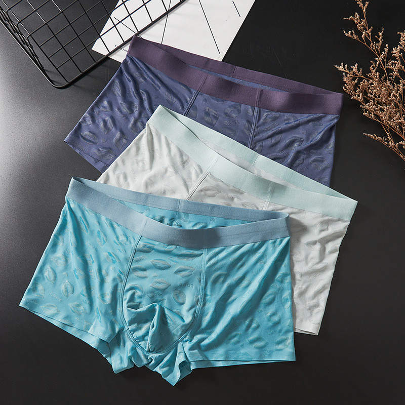 Boxeri Chiloți bărbați din mătase de gheață, fără sudură, lenjerie subțire, boxer, cu imprimeu la modă pentru bărbați, cu husă în U, chiloți respirabili