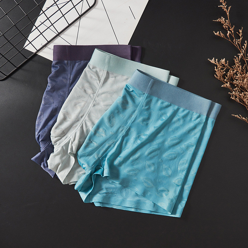 Boxeri Chiloți bărbați din mătase de gheață, fără sudură, lenjerie subțire, boxer, cu imprimeu la modă pentru bărbați, cu husă în U, chiloți respirabili