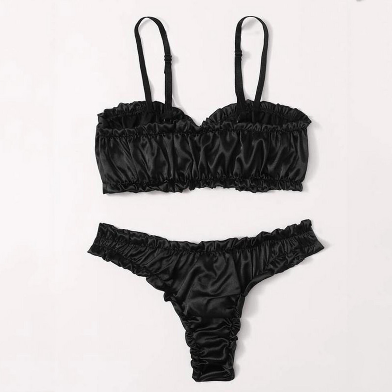 2022 noua moda doamnelor sexy de culoare solidă lenjerie satin dantelă cu volane sling babydoll set sutien Biustonosz vânzare fierbinte