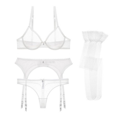 Varsbaby sexy ultra tenká priehľadná priadza, spodná bielizeň, podprsenka + podväzky + tangá + pančuchy, 4 ks pre mladé ženy