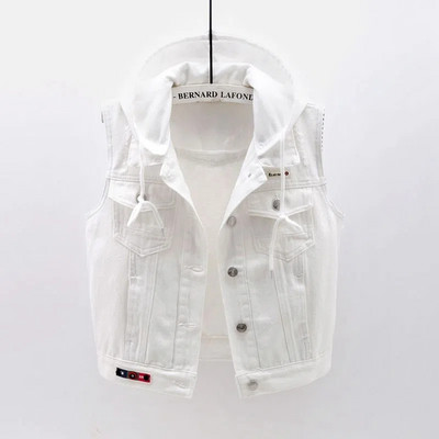 Vestă de blugi alb cu glugă, jachetă fără mâneci, vestă de cowboy scurtă, blugi, veste, îmbrăcăminte exterioară pentru femei, Chaleco Mujer