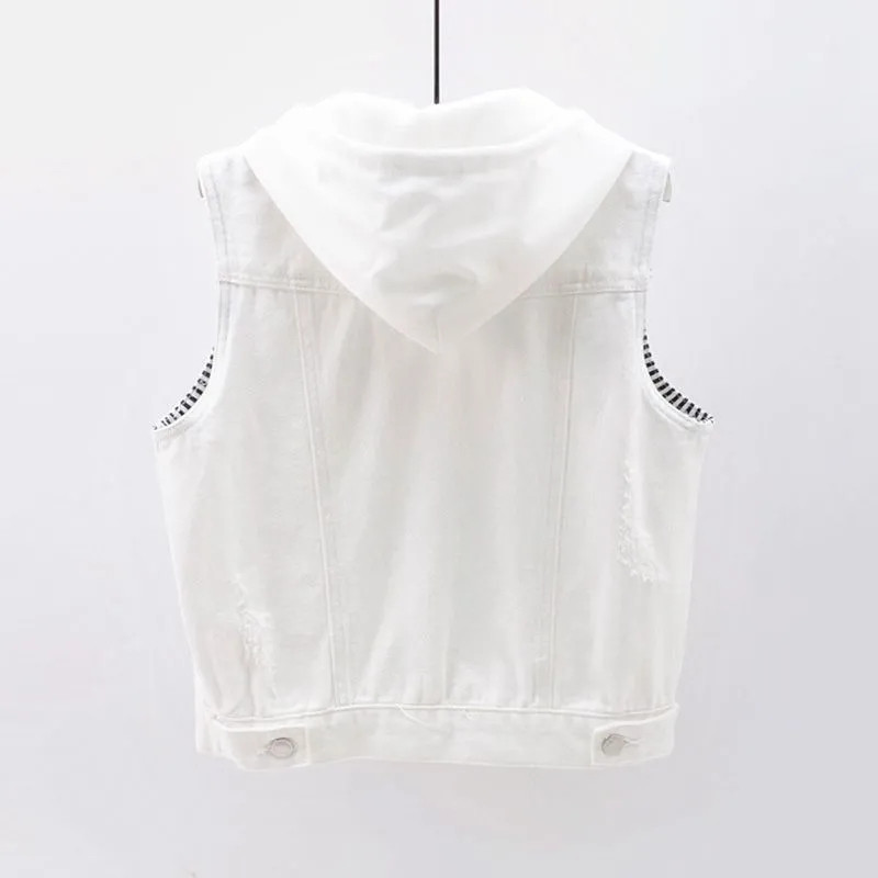 Vestă de blugi alb cu glugă, jachetă fără mâneci, vestă de cowboy scurtă, blugi, veste, îmbrăcăminte exterioară pentru femei, Chaleco Mujer