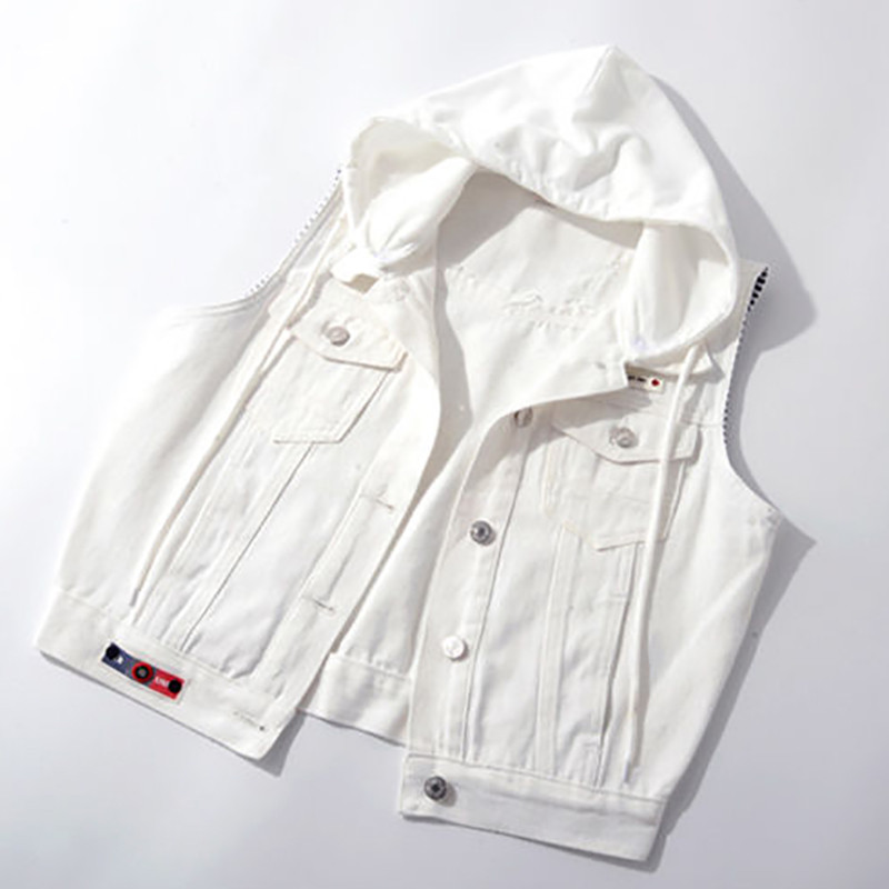 Vestă de blugi alb cu glugă, jachetă fără mâneci, vestă de cowboy scurtă, blugi, veste, îmbrăcăminte exterioară pentru femei, Chaleco Mujer