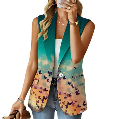 Jachete cu blazer fără mâneci pentru femei, imprimeu grafic 3D, cu un singur buton, cardigan deschis în față, vestă, vestă, îmbrăcăminte casual